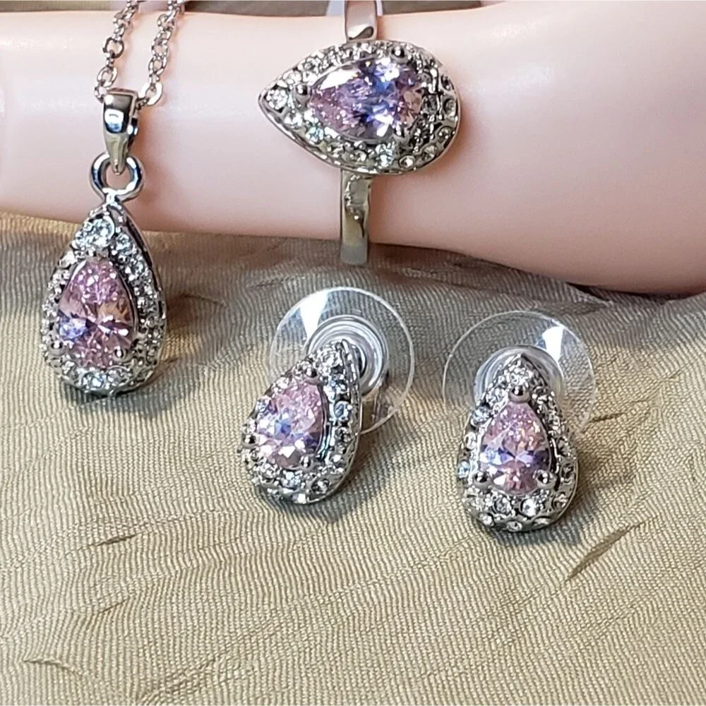 Pink sapphire and CZ pear shaped necklace, earrings and Ring, NEW